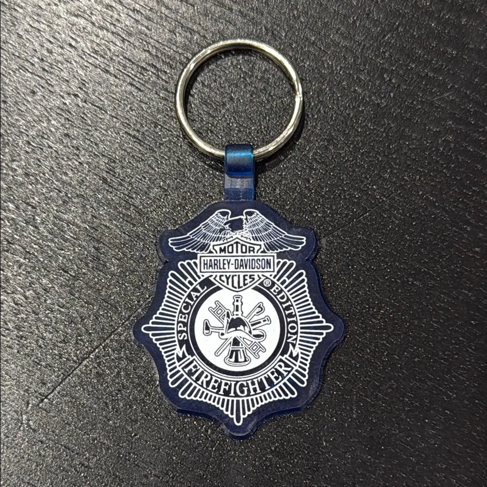 Harley-Davidson Firefighter Emblem Keychain in Blue and White